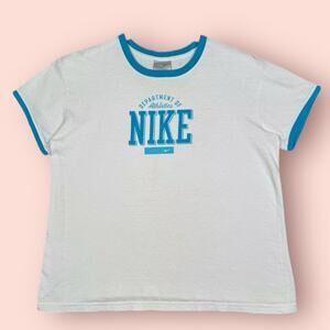 Vtg Y2K Women’s Nike Athletics Ringer TShirt Size Large Graphic Tee White Blue
